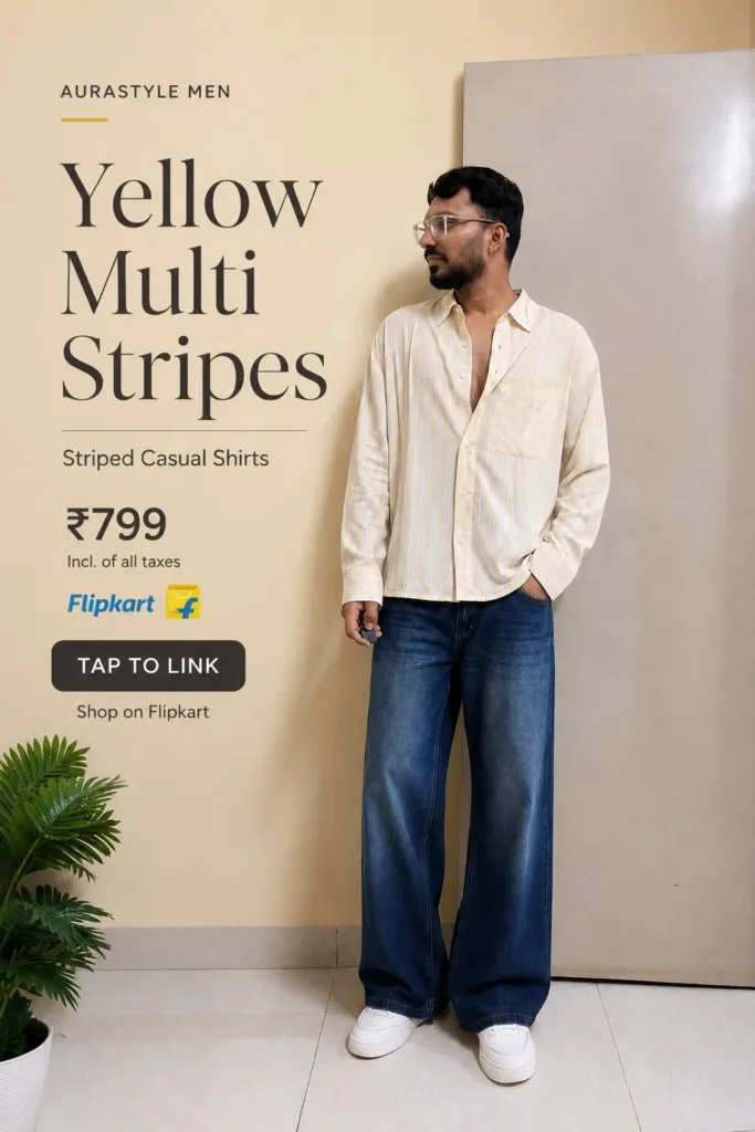 Man wearing a yellow multi-stripe casual shirt with wide-leg blue jeans and white sneakers, featuring a ₹799 price and Flipkart shopping CTA
