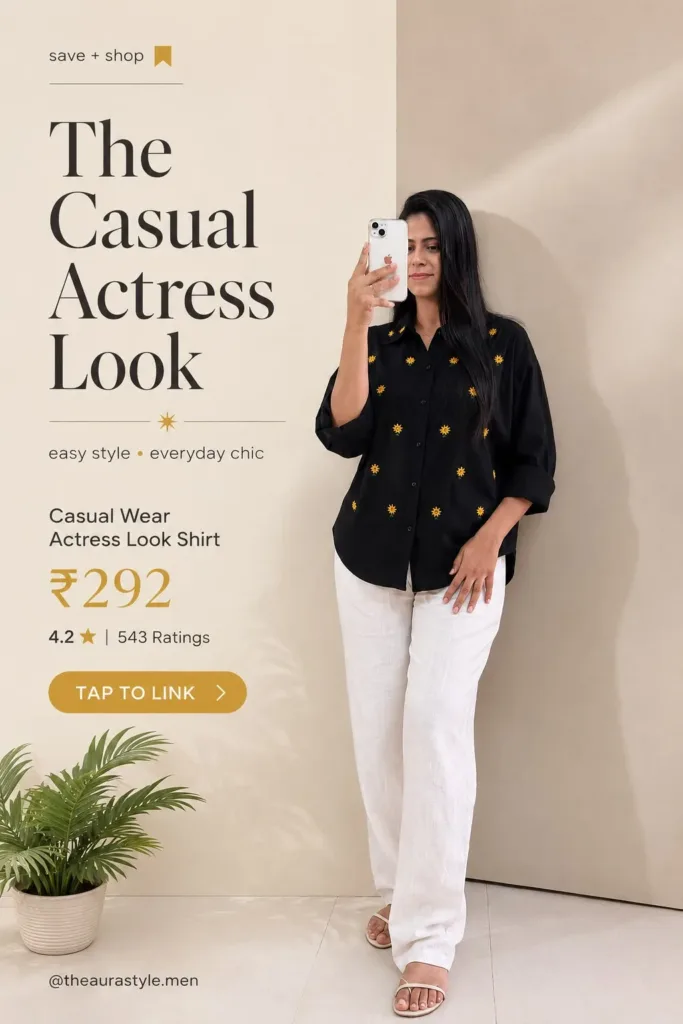 Woman wearing a black button-down shirt with small yellow embroidered motifs, styled with white wide-leg trousers and white sandals