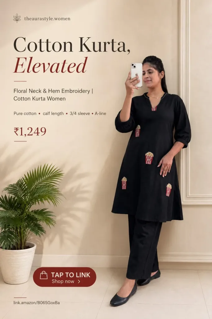 Woman wearing a black A-line cotton kurta with floral embroidered details, black pants and flats in a minimal beige indoor setting. — Black