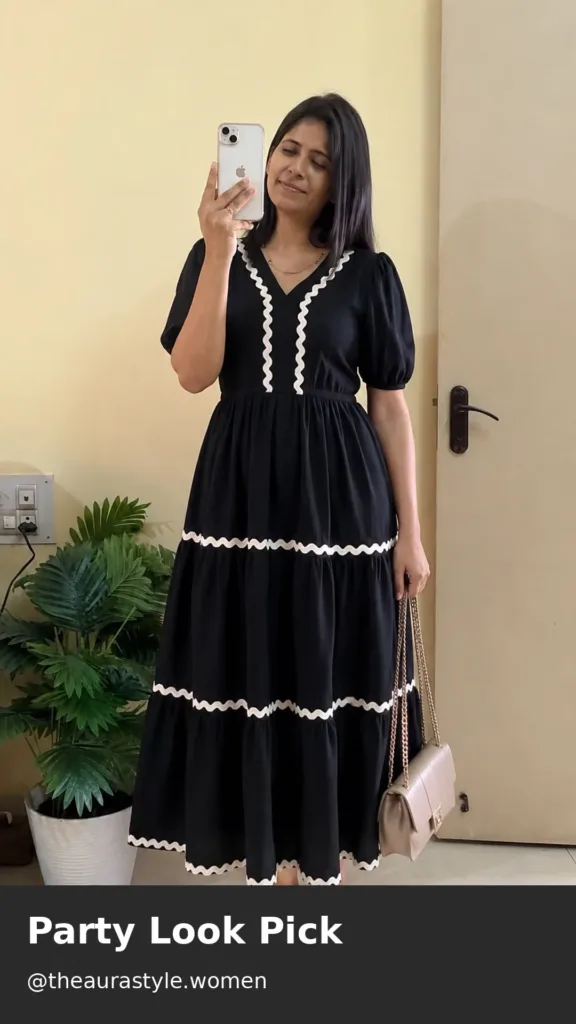 Black tiered maxi dress with white contrast trim and puff sleeves for women — Black Maxi Dress Outfit for Women