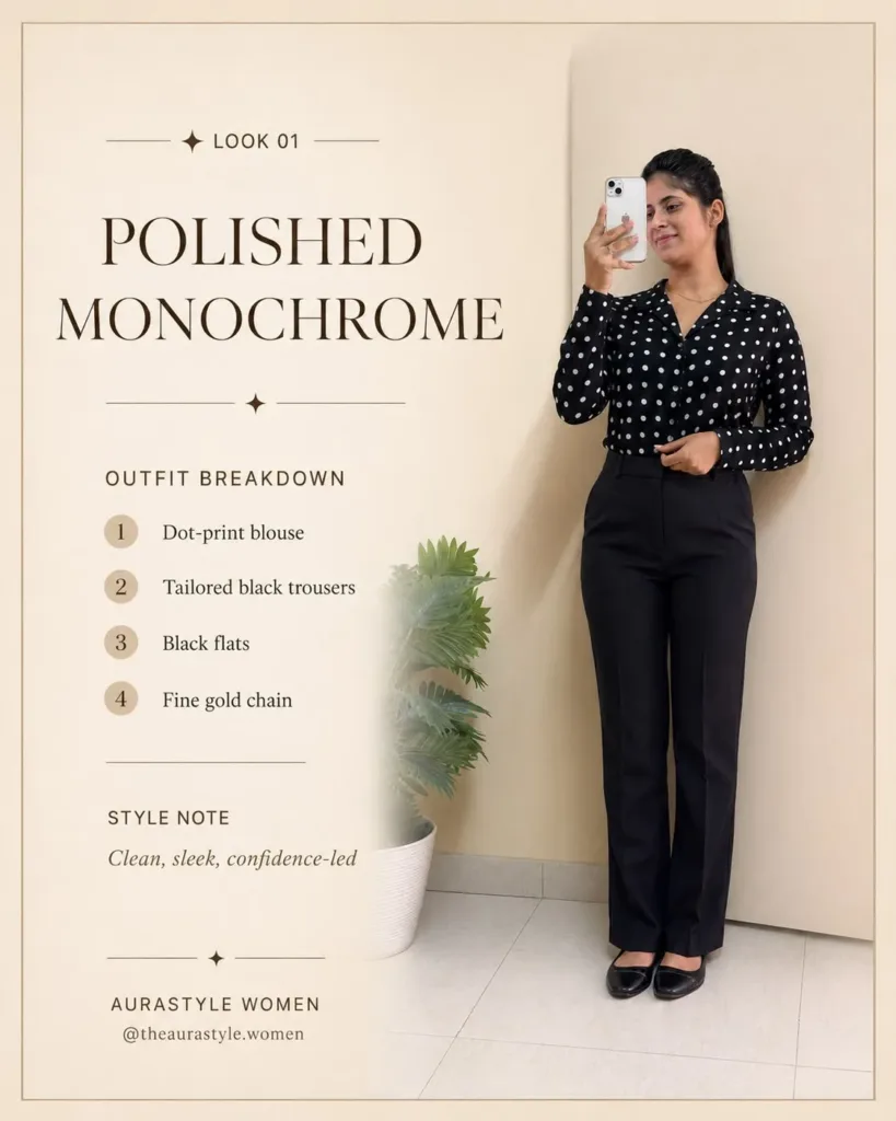 Woman in a black polka-dot blouse, tailored trousers and flats for office wear. — Black Polka Trousers Outfit for Women