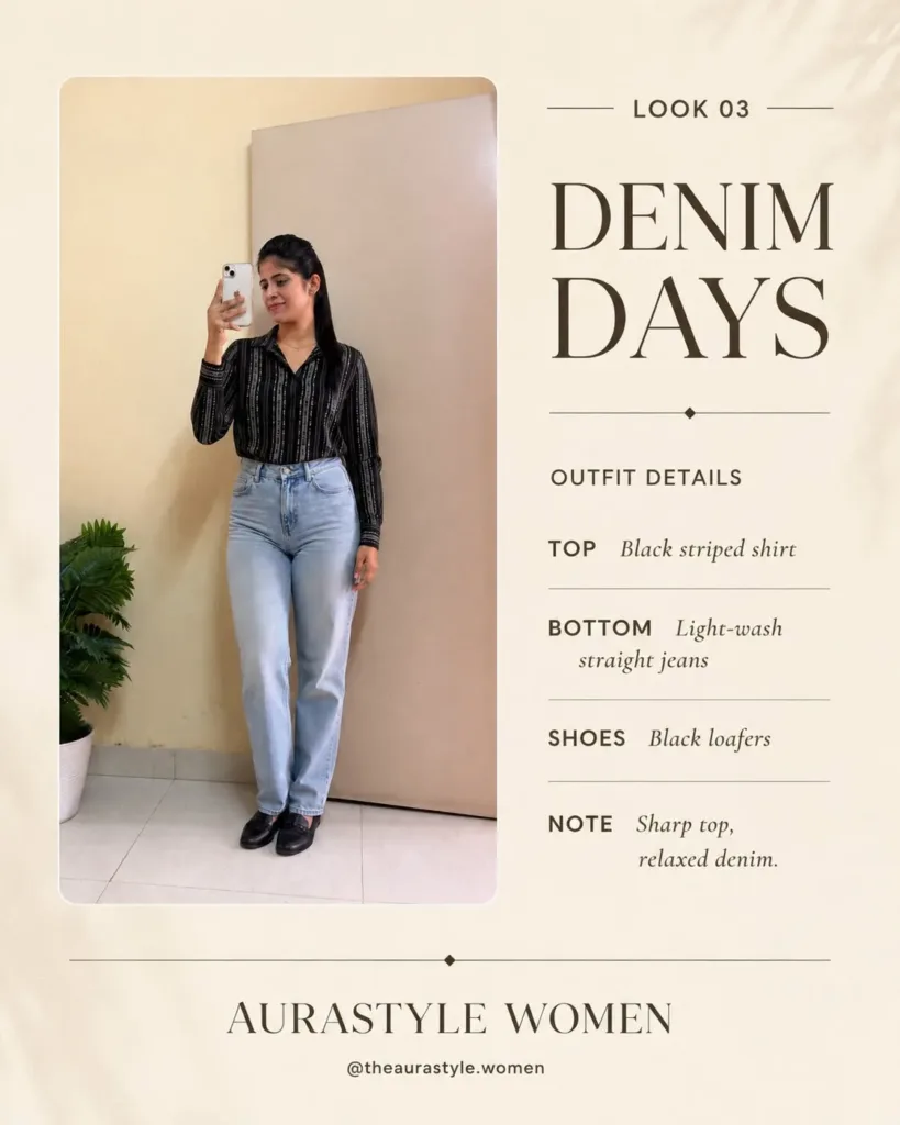 Woman wearing a black striped shirt with light-wash straight jeans and loafers. — Black Striped Shirt Outfit for Women