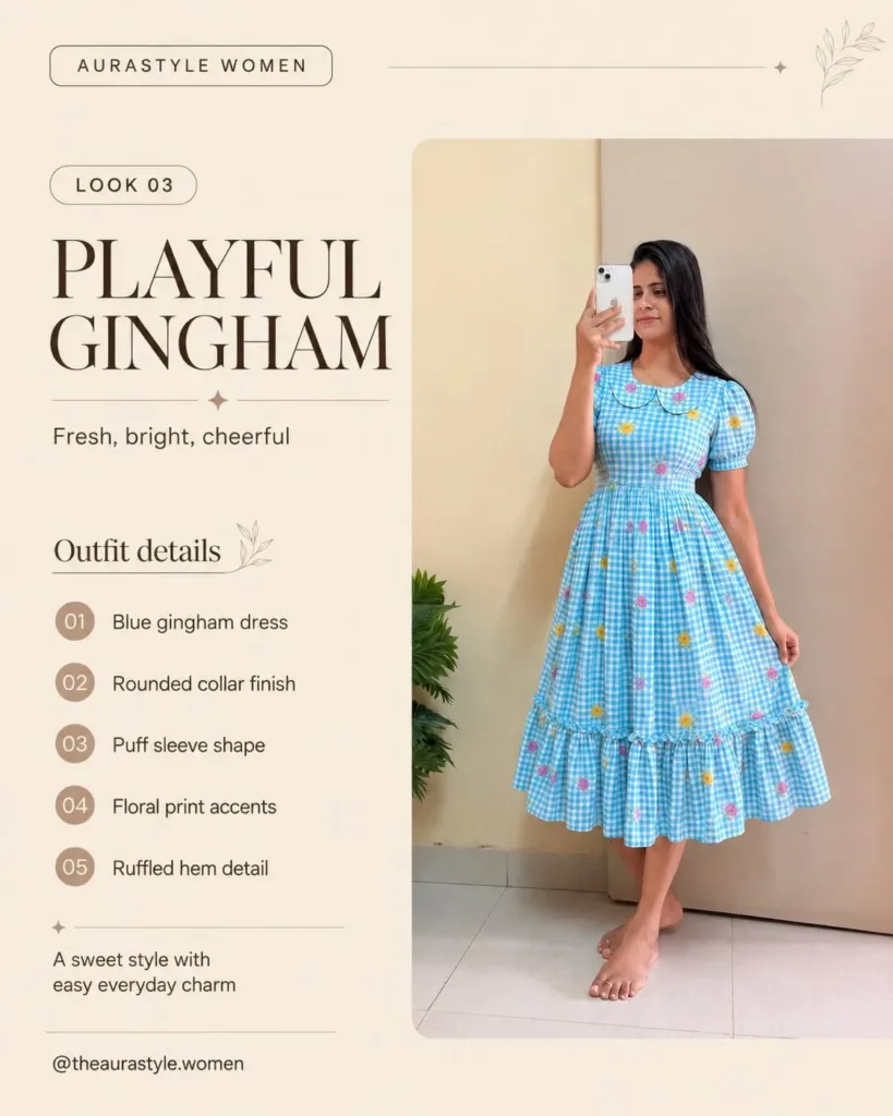 Woman wearing a blue gingham floral midi dress with puff sleeves and a ruffled hem. — Blue Gingham Dress Outfit for Women