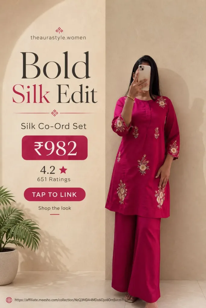 Woman wearing a bold pink silk co-ord set with embroidered detailing, styled as a minimal Pinterest fashion shopping pin with price ₹982 and TAP