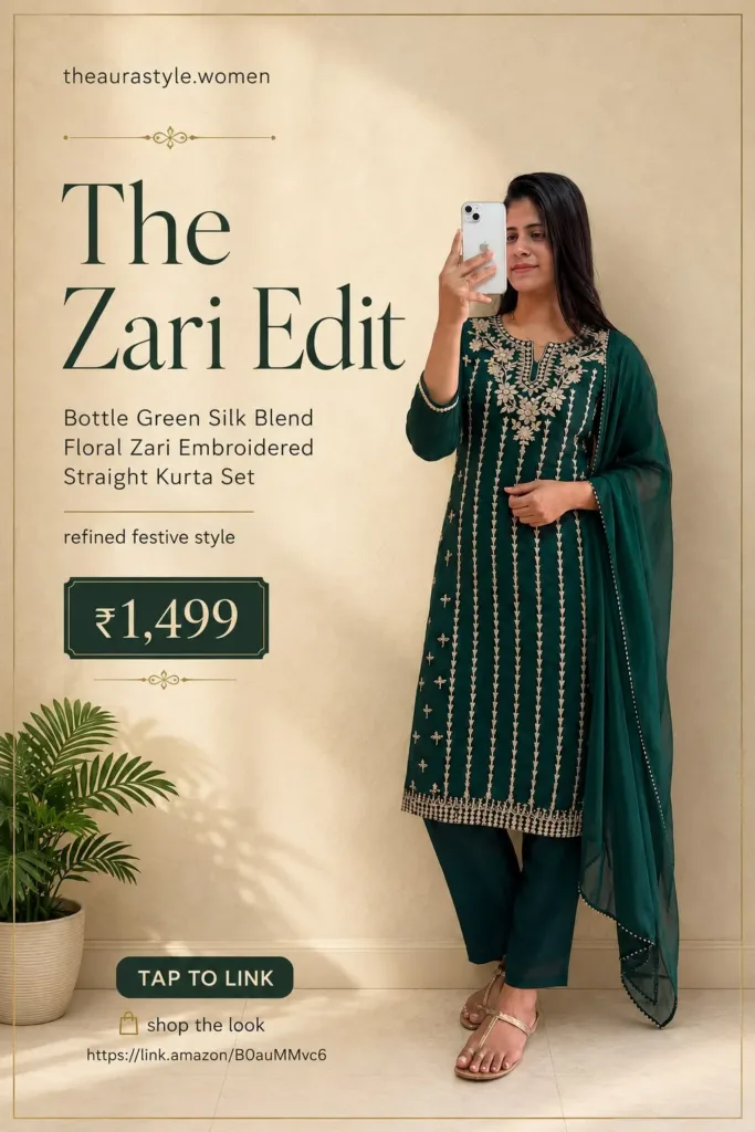 Woman wearing a bottle green silk blend straight kurta set with floral zari embroidery, styled with matching pants and dupatta. — Bottle Green