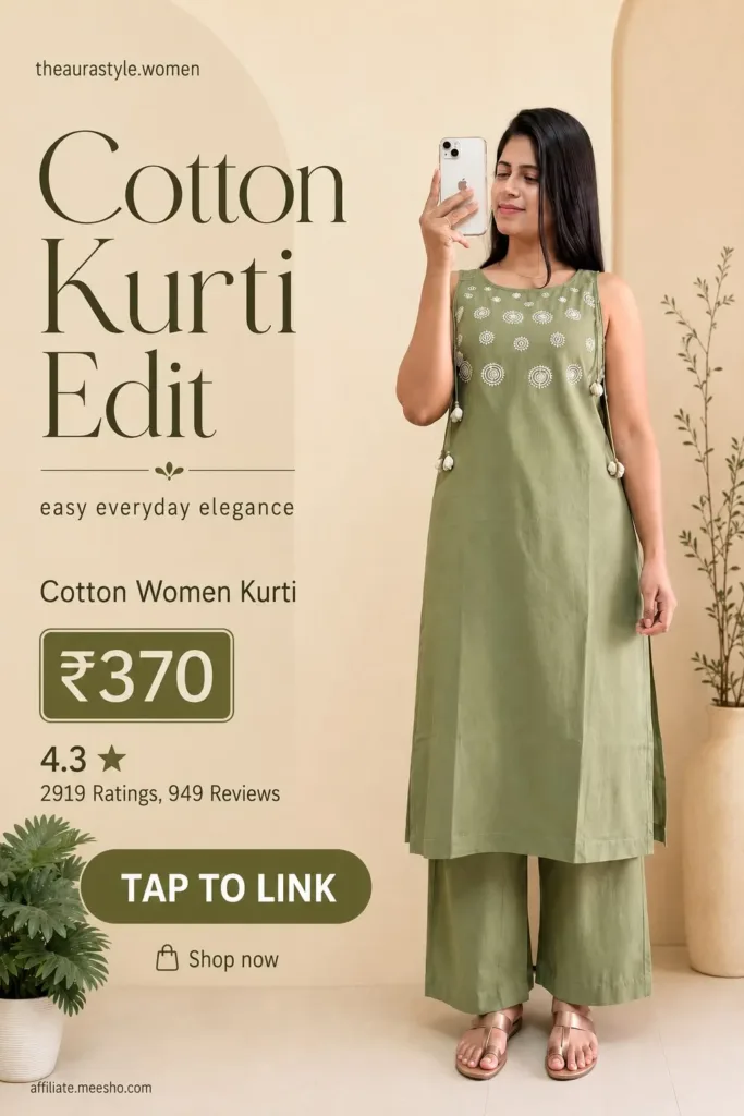 Woman wearing a sage green cotton kurti with matching pants and sandals, styled in a minimal beige Pinterest fashion ad with price ₹370 and Tap