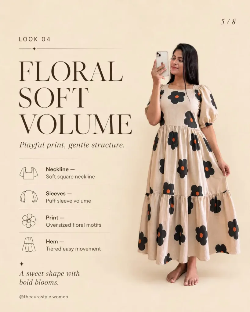 Cream tiered midi dress with black floral print, square neck and puff sleeves — Cream Floral Dress Outfit for Women