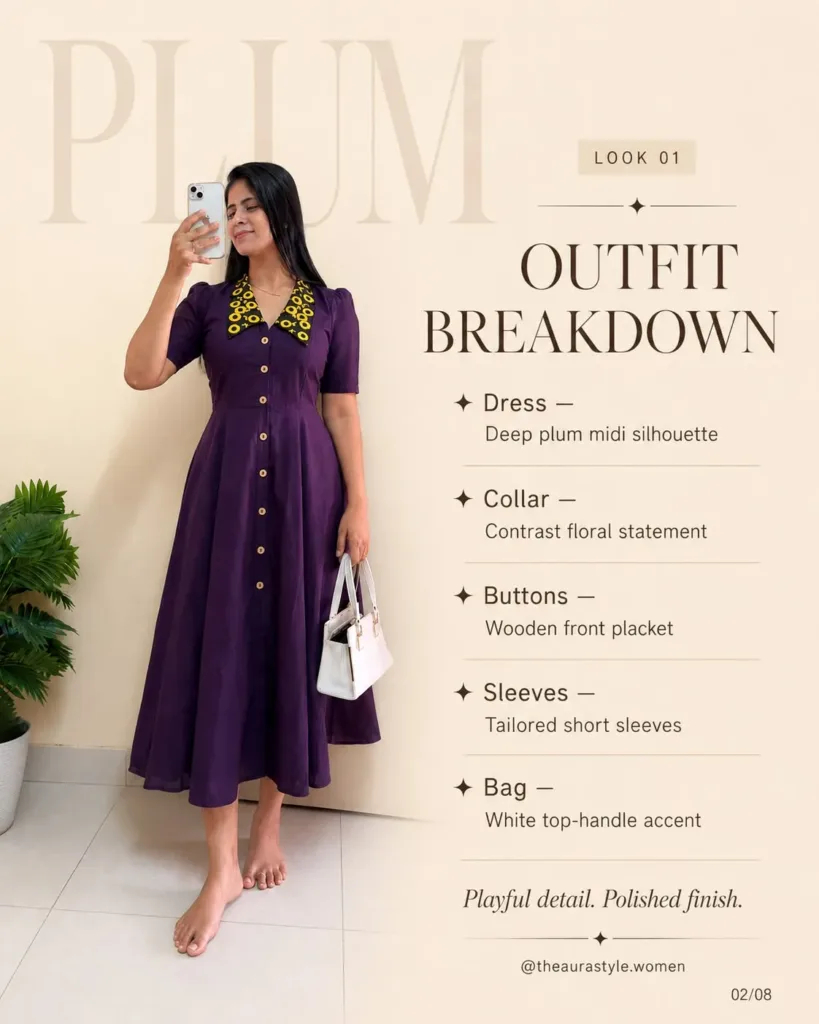 Deep plum A-line midi dress with floral collar, short sleeves and front buttons. — Deep Plum Dress Outfit for Women
