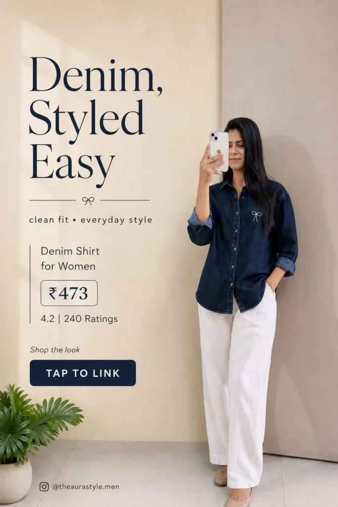 Woman wearing a dark blue denim button-down shirt with white wide-leg trousers and beige flats, styled as a minimal casual outfit. The denim