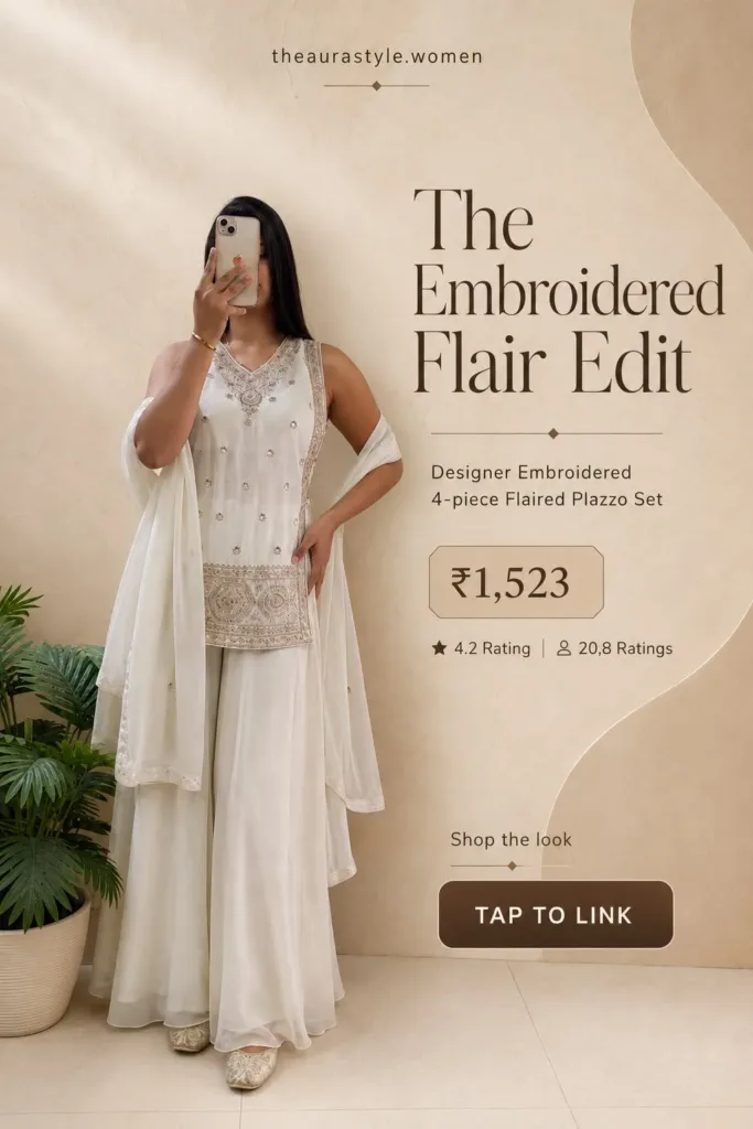 Woman wearing an ivory embroidered 4-piece flared plazzo set with dupatta, styled in a minimal beige Pinterest fashion pin with price ₹1,523 and