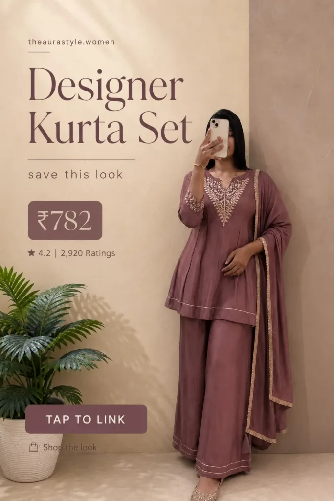 Woman wearing a mauve designer kurta set with palazzo pants and dupatta, styled in a minimal Pinterest fashion ad with ₹782 price and TAP TO LINK