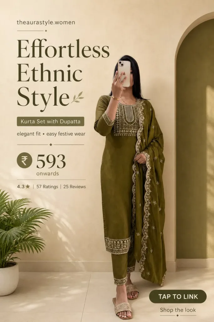 Woman wearing an olive green embroidered kurta, matching pants and embroidered dupatta with beige embellished sandals. — Elegant Ethnic Kurta