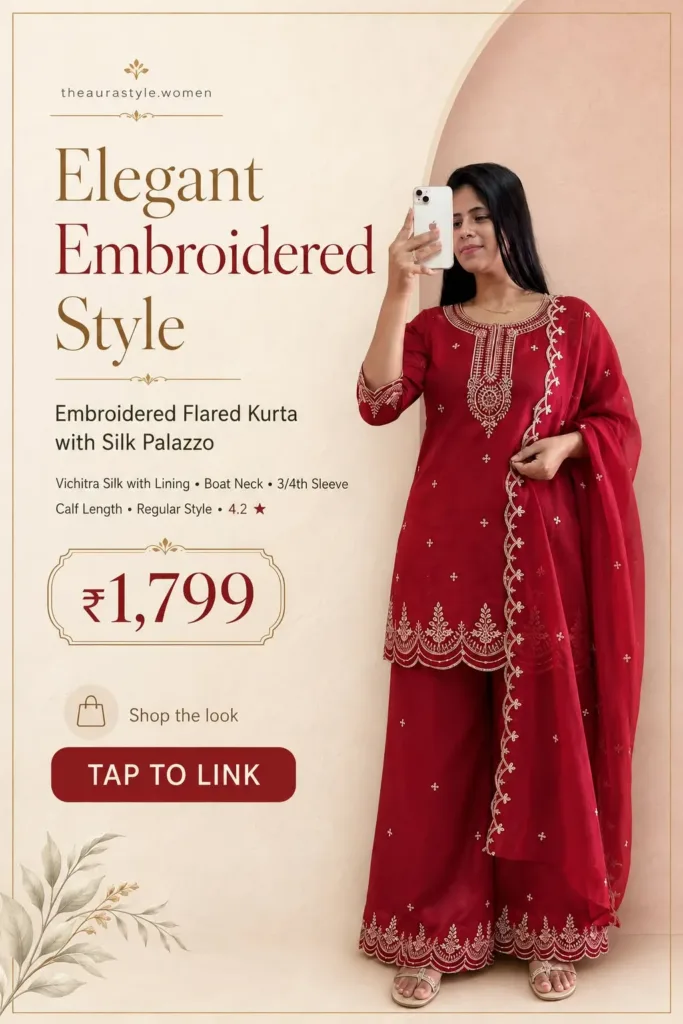 This red embroidered look deserves a spot in your ethnic wardrobe ❤️ ₹1,799 — TAP TO LINK & VIEW THE FULL LOOK → — Elegant Red Kurta Outfit for