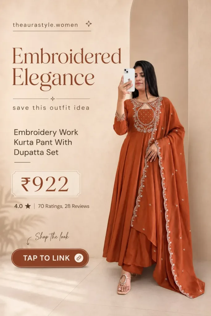 Vertical Pinterest fashion pin featuring a woman wearing a rust-orange embroidery work kurta pant with matching dupatta and embellished sandals
