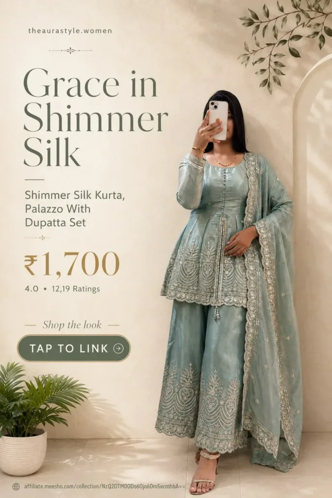 Woman wearing a pastel shimmer silk kurta, palazzo and dupatta set with detailed embroidery, styled in a minimal premium Pinterest fashion pin