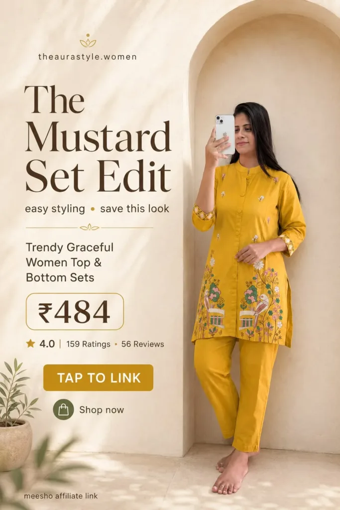 Woman wearing a mustard yellow top and bottom set with printed detailing, styled in a minimal Pinterest fashion pin with ₹484 price and TAP TO