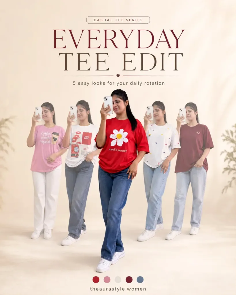 Five casual printed T-shirt outfits with jeans and sneakers. — Graphic Tee T-shirt Outfit for Women