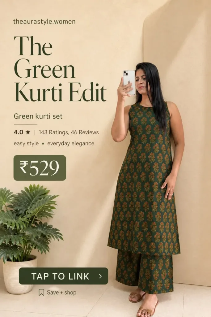 Woman wearing a dark green printed kurti set with matching palazzo pants, displayed in a minimal fashion pin with ₹529 price, 4.0-star rating and