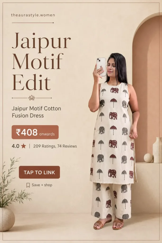 Woman wearing a beige Jaipur motif cotton fusion dress with matching printed pants and tan sandals, displayed in a minimal Pinterest fashion pin