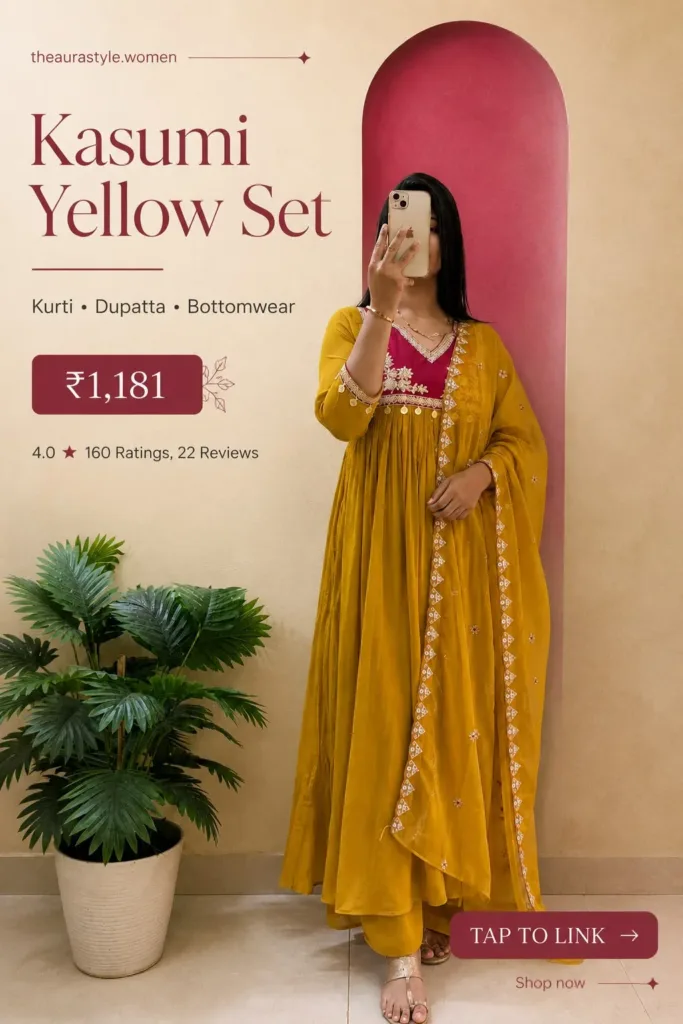 That CTA is stronger than a generic “Shop now” because it tells the viewer exactly what they’ll see after tapping. — Kasumi Yellow Outfit for