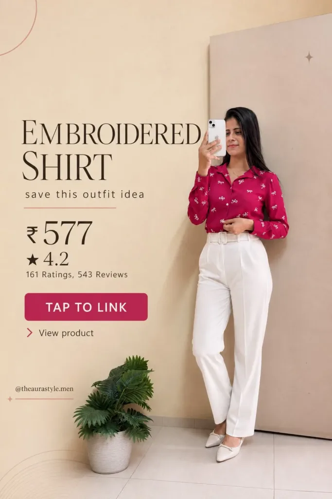 Woman wearing a magenta embroidered shirt with high-waisted white trousers, white belt and pointed shoes in a polished smart-casual outfit