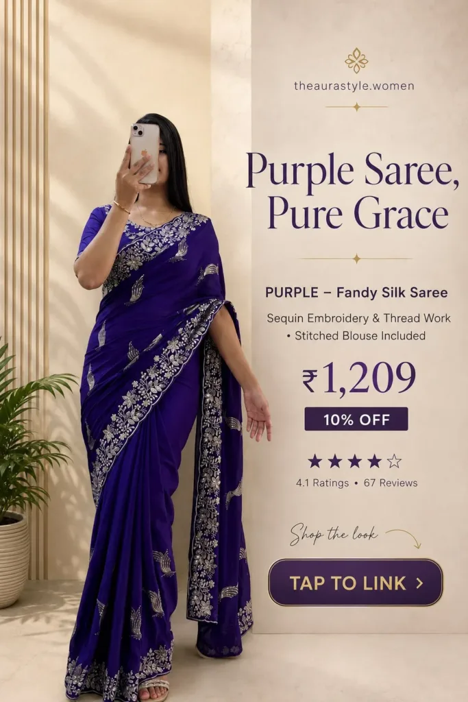 Woman wearing a deep purple Fandy silk saree with silver sequin embroidery and thread work, styled with a matching stitched blouse. — Make