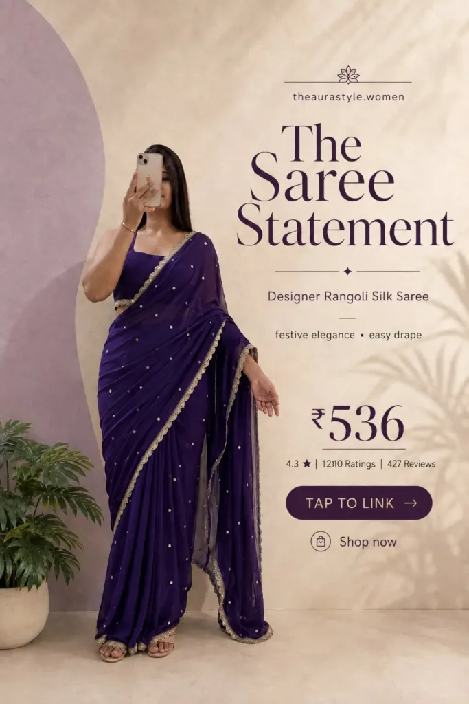 Woman wearing a deep purple designer Rangoli silk saree with gold border detailing and matching blouse, styled as an elegant festive saree look