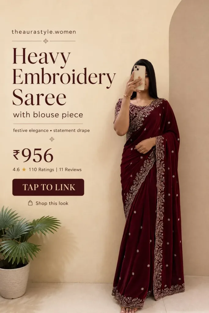 Woman wearing a heavy embroidered saree with blouse piece, featured in a minimal editorial Pinterest fashion pin with ₹956 price and shopping