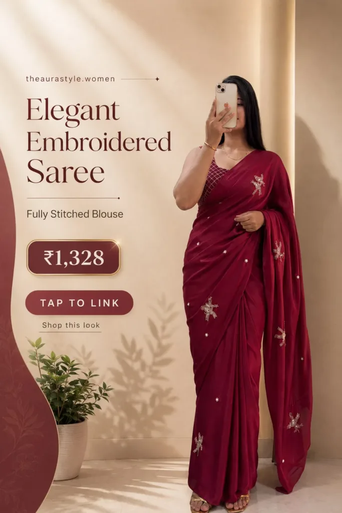 ✨ Love this maroon look? TAP THE PIN TO VIEW THE PRODUCT → — Maroon Embroidered Saree Outfit for Women