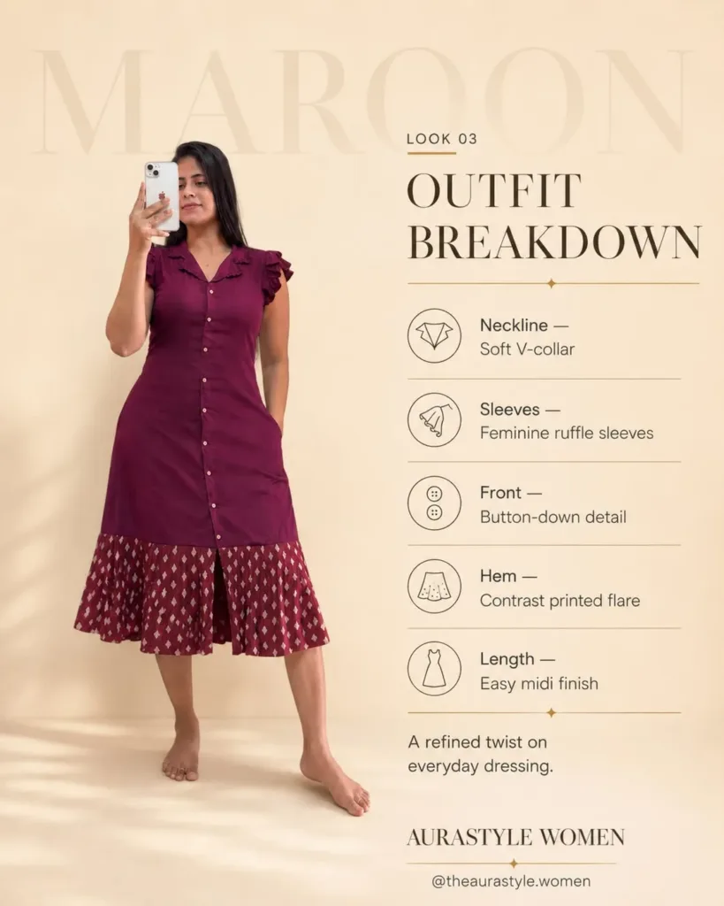 Maroon button-down midi dress with ruffle sleeves and printed flare hem — Maroon Ruffle-sleeve Dress Outfit for Women