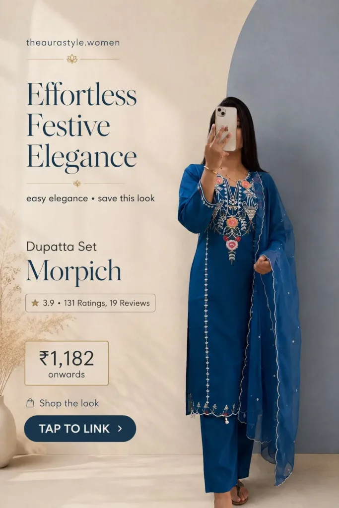 Woman wearing a blue embroidered Morpich dupatta set with matching pants and sheer blue dupatta, presented in a minimal ethnic-fashion Pinterest