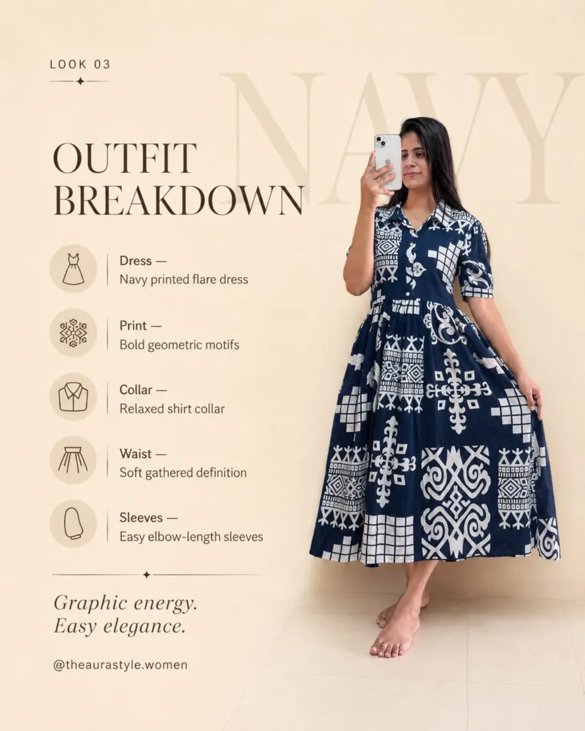 Navy geometric-print flare midi dress with shirt collar and gathered waist. — Navy Printed Shirt Outfit for Women