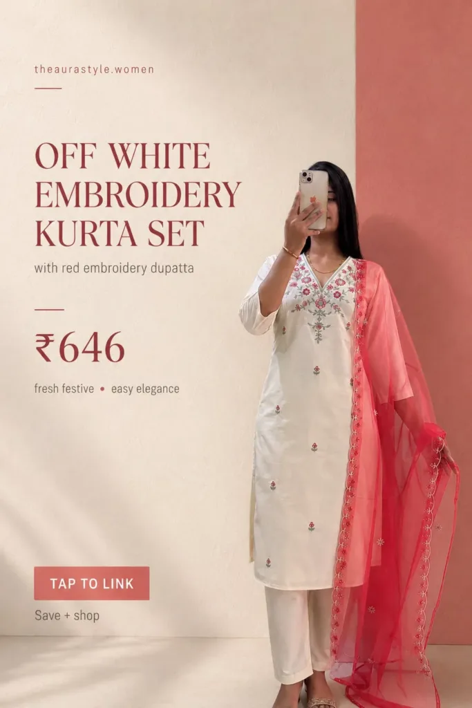 off white kurta set, embroidered kurta set, red dupatta set, women ethnic wear, kurti pant dupatta set, festive kurta outfit, elegant Indian