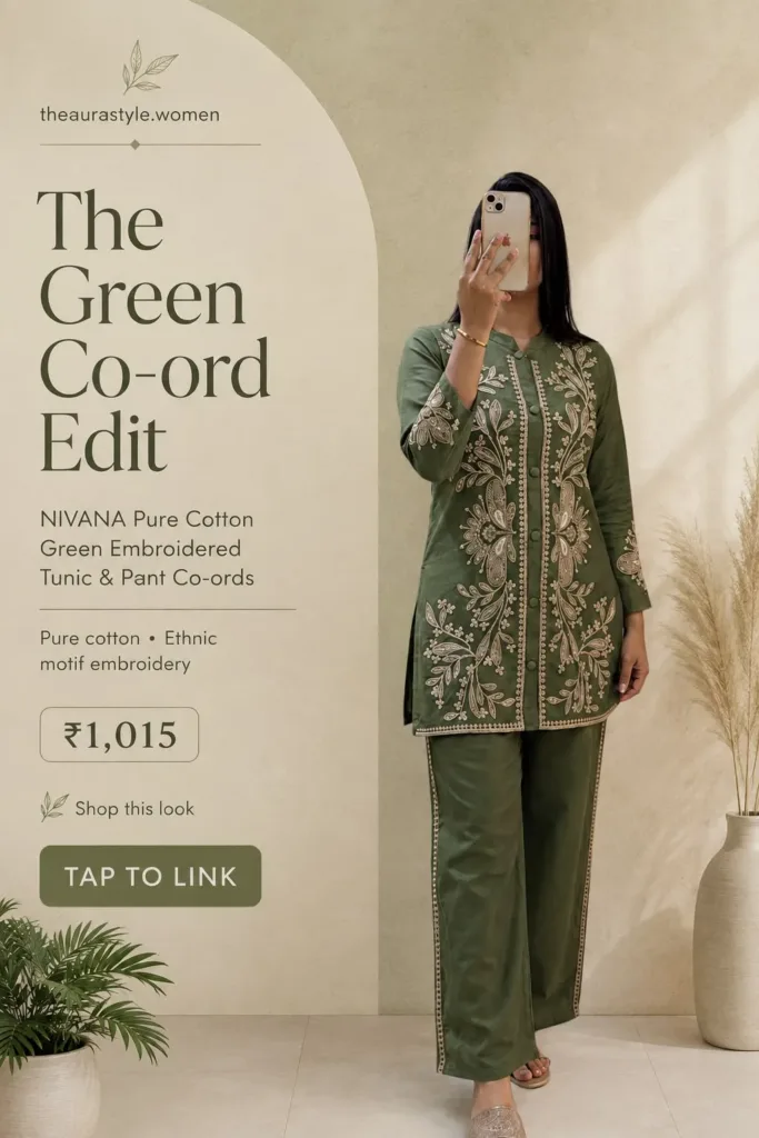 FOUND YOUR NEXT GREEN LOOK 💚 Elegant embroidery. Easy co-ord styling. ₹1,015. — Olive Green Co-ord Set Outfit for Women