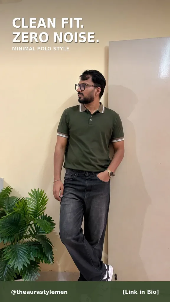 Man wearing olive green polo T-shirt, black jeans, white sneakers, glasses. — Olive Polo T-shirt Outfit for Men