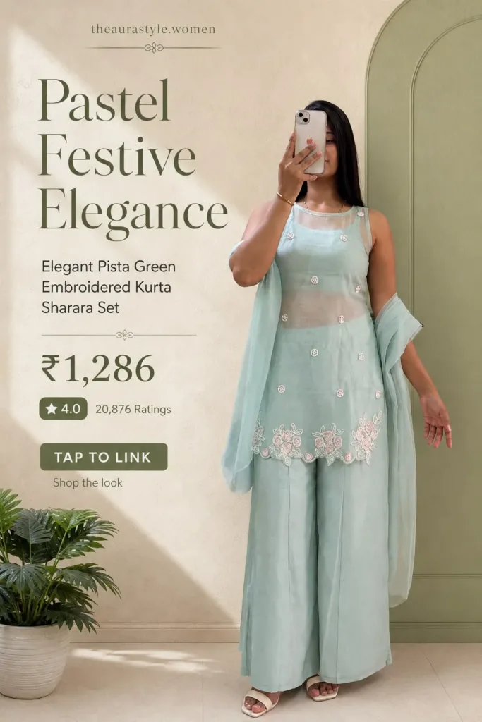 Woman wearing an elegant pista green embroidered kurta sharara set with matching dupatta, styled in a minimal pastel Pinterest fashion pin with