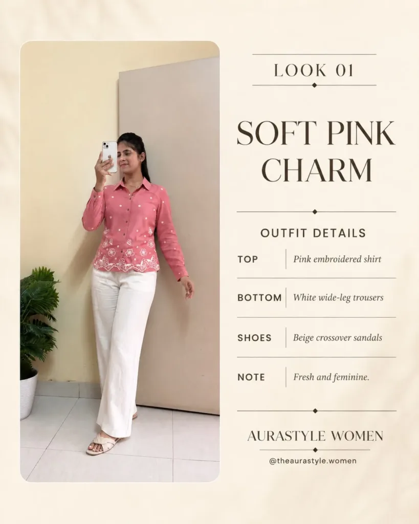Woman wearing a pink embroidered shirt with white wide-leg trousers. — Pink Embroidered Shirt Outfit for Women
