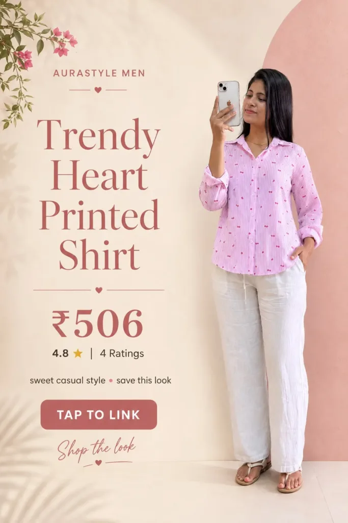 Vertical fashion pin featuring a woman wearing a pink striped heart printed button-up shirt with relaxed white trousers and tan sandals. The