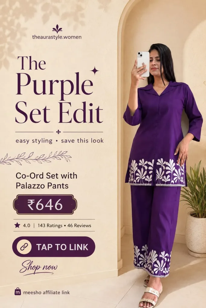 Woman wearing a plum purple co-ord set with palazzo pants and white floral border detailing, styled in a minimal Pinterest fashion pin with ₹646