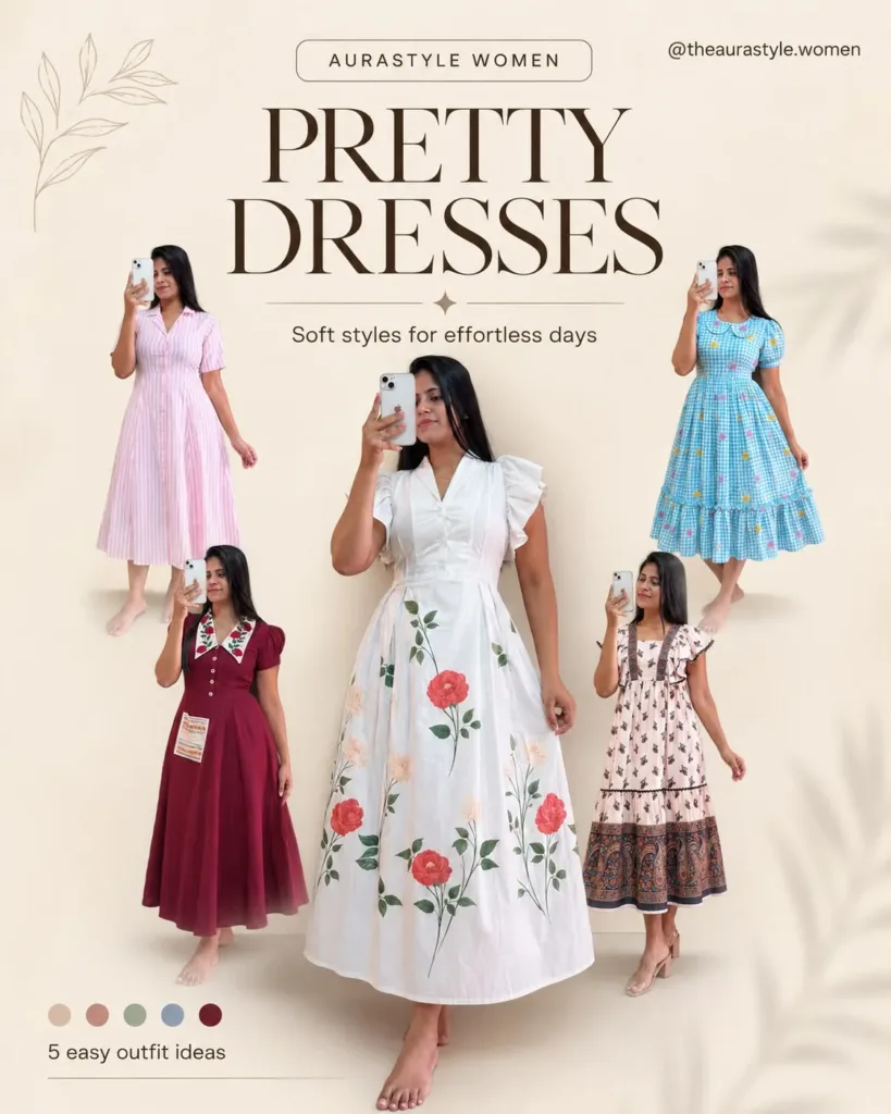 Five women modelling pink, white floral, blue, maroon and printed midi dresses. — Pretty Dresses Dress Outfit for Women