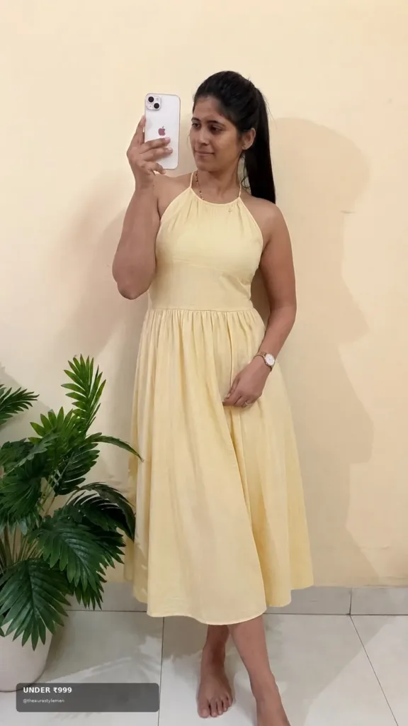 Yellow halter midi dress outfit with under ₹999 Pinterest badge — Pretty Yellow Dress Outfit for Women