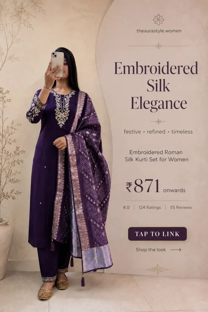 Woman wearing a deep-purple embroidered Roman silk kurti set with matching pants, patterned dupatta and traditional juttis. — Purple Embroidered