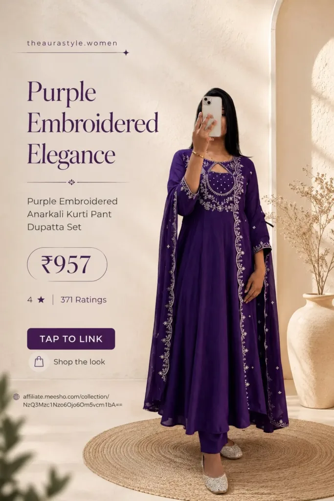 Woman wearing a purple embroidered Anarkali kurti pant dupatta set with matching purple bottoms and embellished ethnic footwear, styled in a