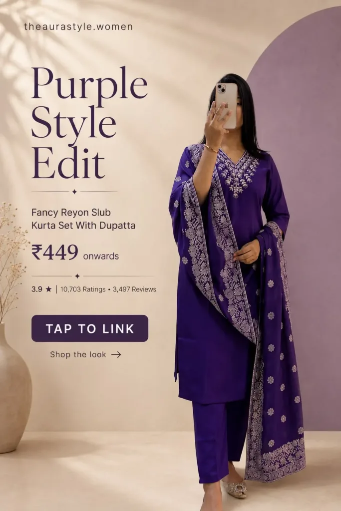 Woman wearing a purple kurta set with matching pants and embroidered dupatta, featured as an elegant women’s ethnic fashion look priced from