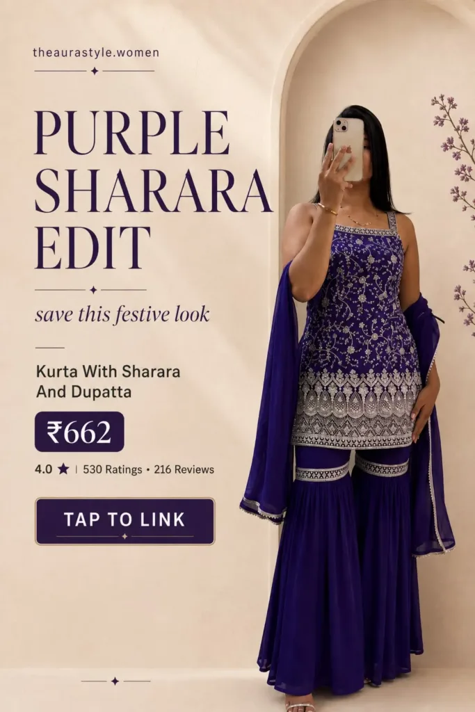 Woman wearing a purple embroidered kurta with matching sharara pants and dupatta, styled in a premium minimal Pinterest fashion pin with price