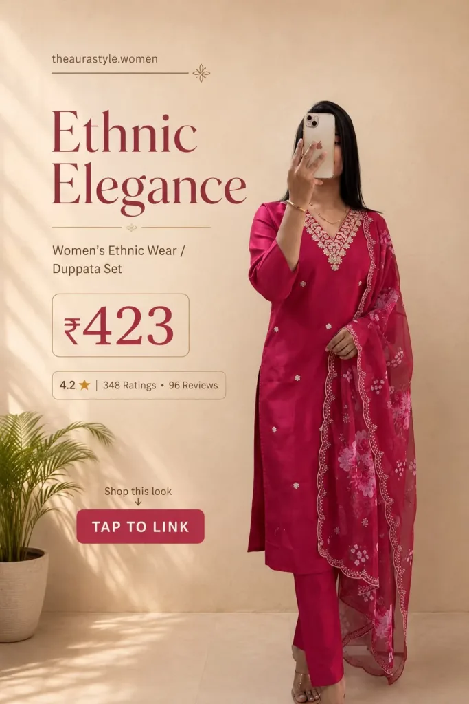Woman wearing a rani pink ethnic kurta and pant set with an embroidered neckline and floral dupatta, styled as a premium Pinterest fashion pin