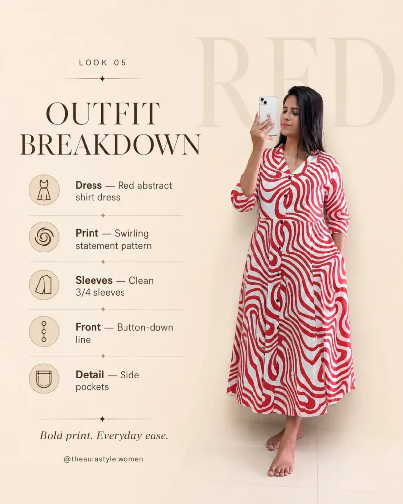 Red and white abstract midi shirt dress with buttons, collar and side pockets. — Red Abstract Shirt Outfit for Women