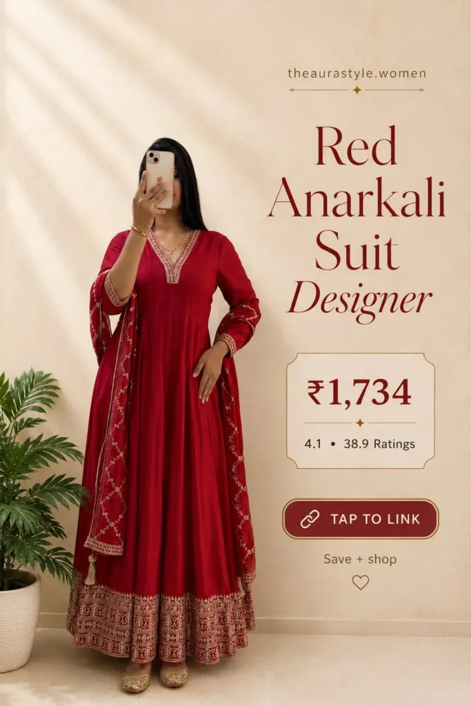 A woman wearing a deep red embroidered Anarkali suit with matching dupatta and gold footwear, styled as a premium Pinterest fashion pin with