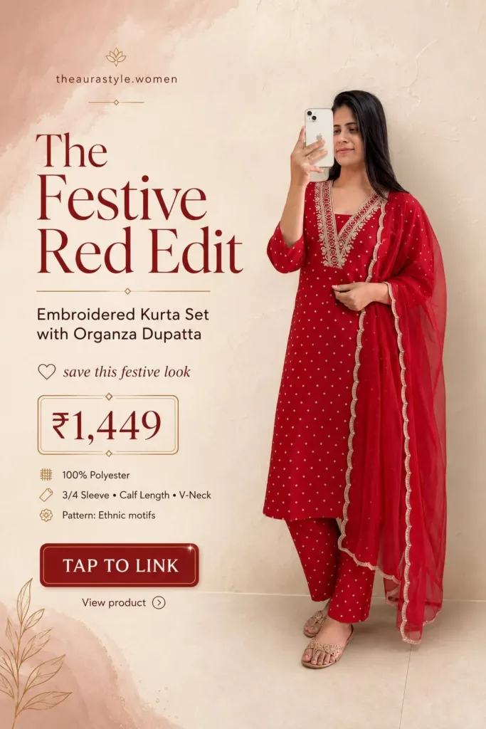 Vertical Pinterest fashion pin featuring a woman wearing a red embroidered V-neck kurta with matching pants and a sheer red organza dupatta with