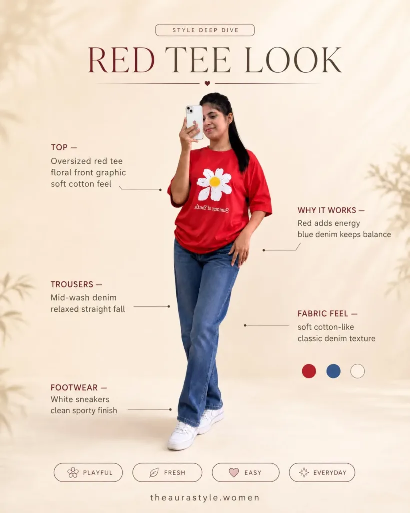 Red oversized graphic tee styled with blue jeans and white sneakers. — Red Graphic T-shirt Outfit for Women